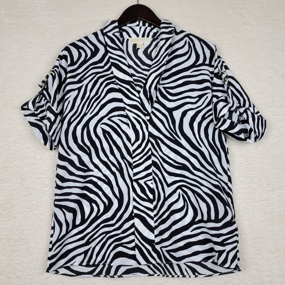 Michael Kors Shirt Womens Small Zebra Print V Neck Gold Hardware Short Sleeve‎
